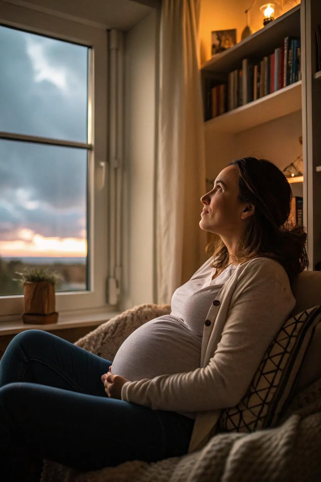The beauty and anticipation of pregnancy are captured in reflective moments.