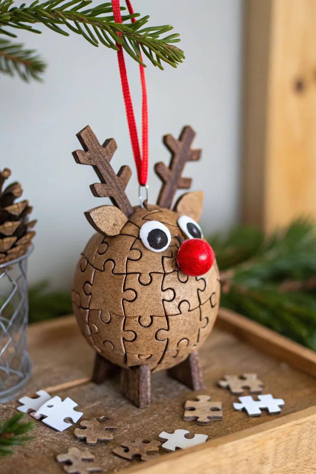 Quirky puzzle piece reindeer, adding personality and fun to holiday decorating.