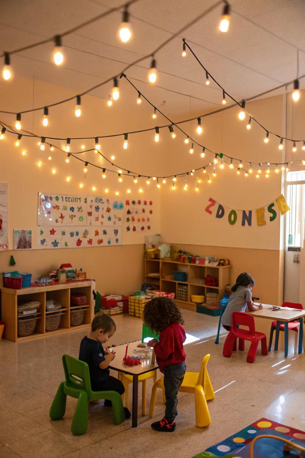 Cozy atmosphere achieved through soft, warm lighting.