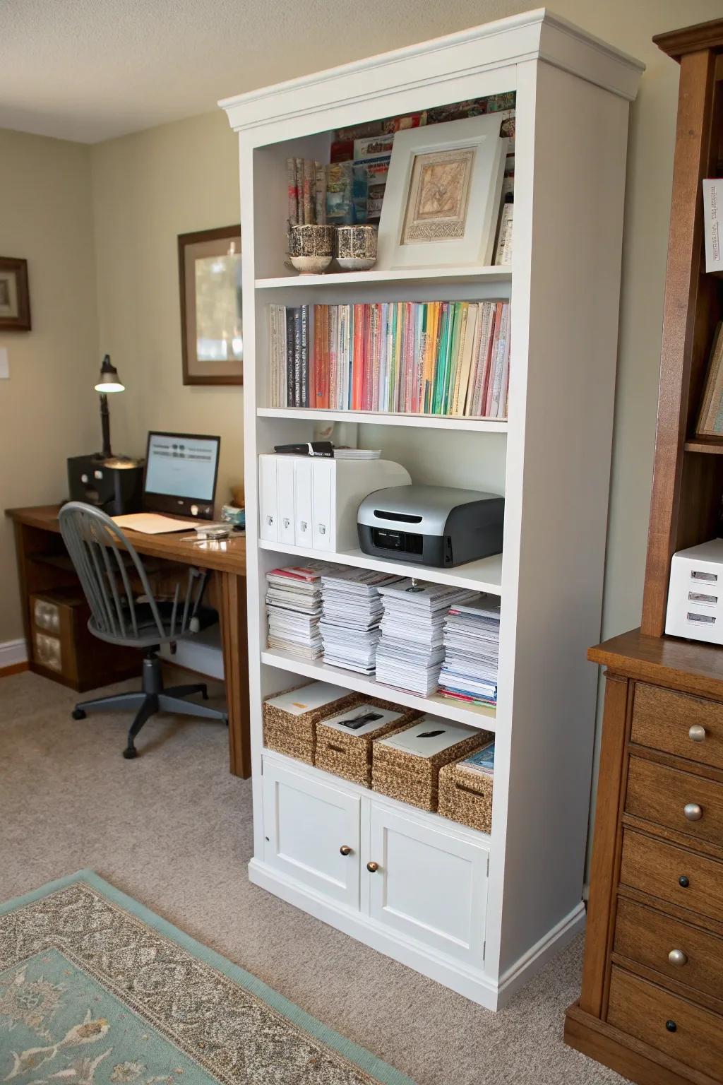 Bookcase repurposed for stylish and practical paper storage.