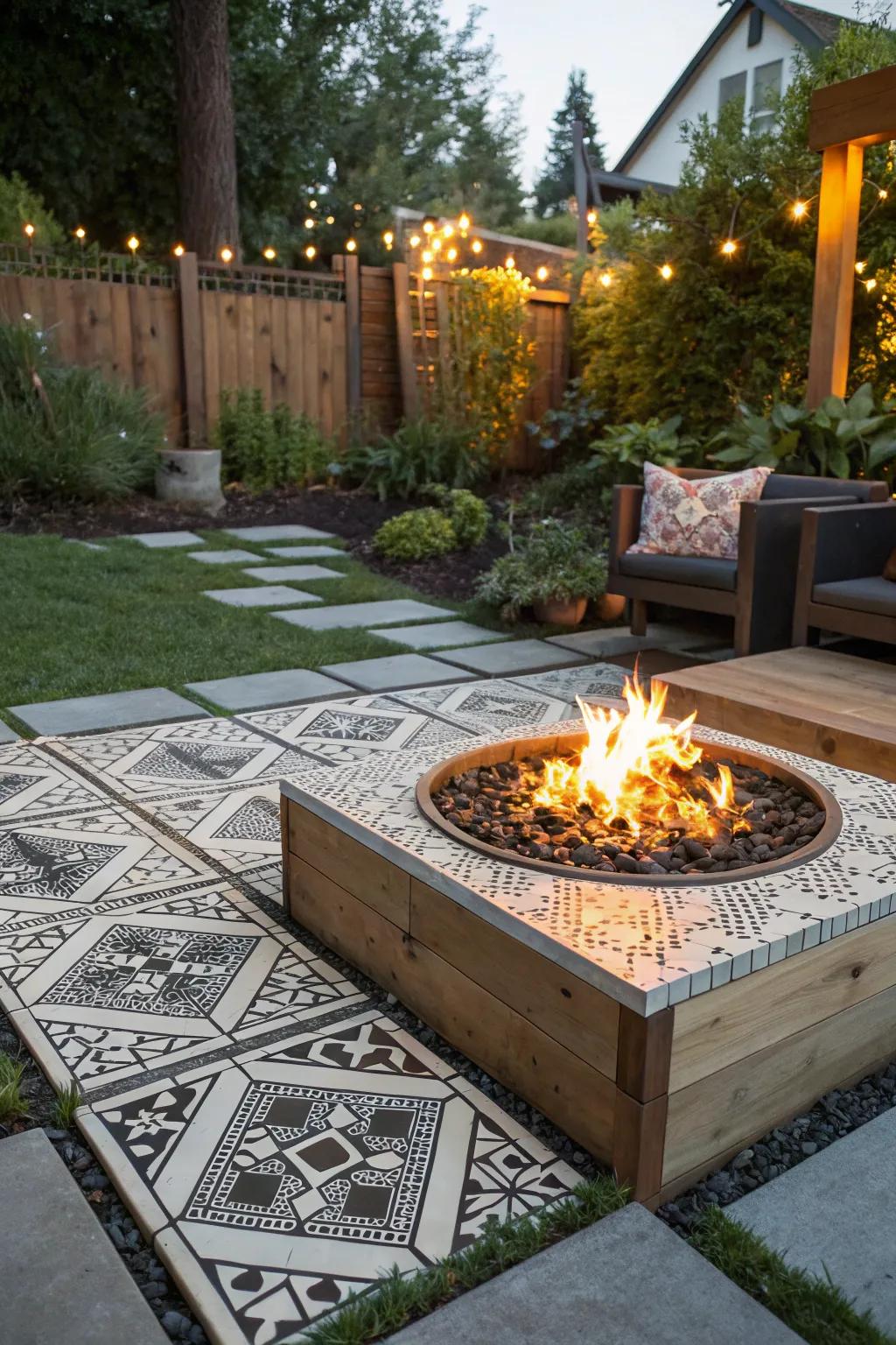 Create a bold statement using a propane fire pit that features geometric designs.