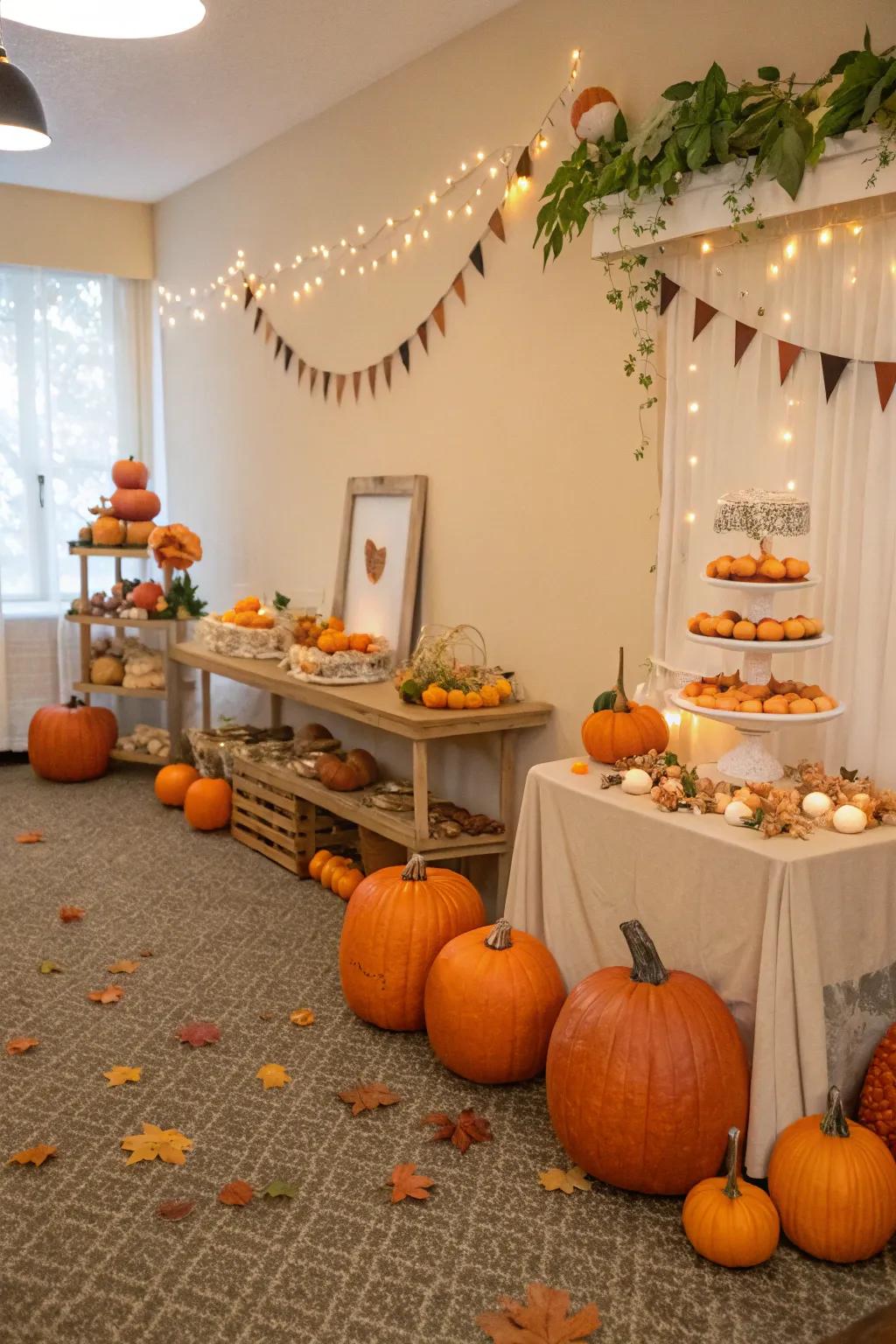 Scaled pumpkins introduce a spirited impression to the ornamentation.