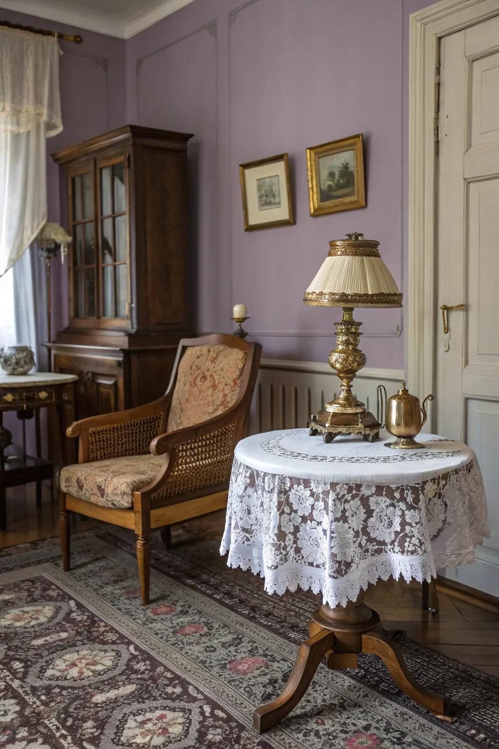 A classic-inspired room enhanced by muted purple walls.