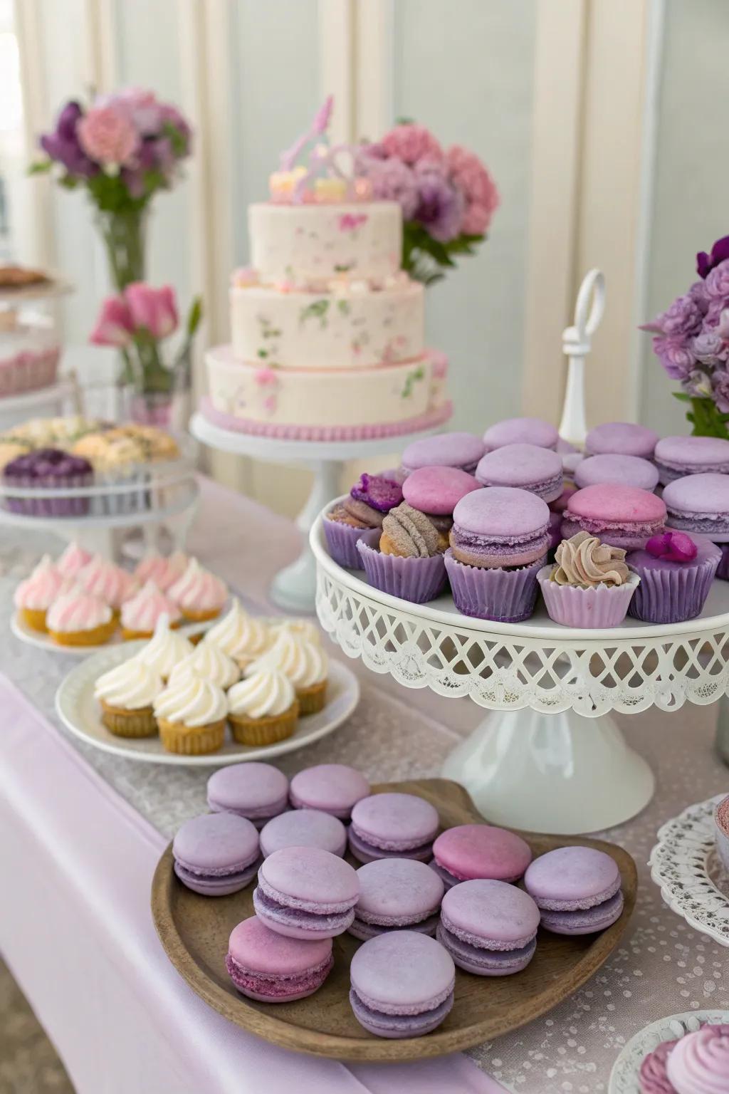 A violet-themed sweet display is a feast for the eyes and taste buds.