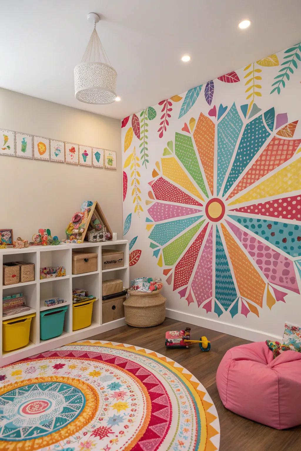 A kids' playroom with a colorful radial design mural.