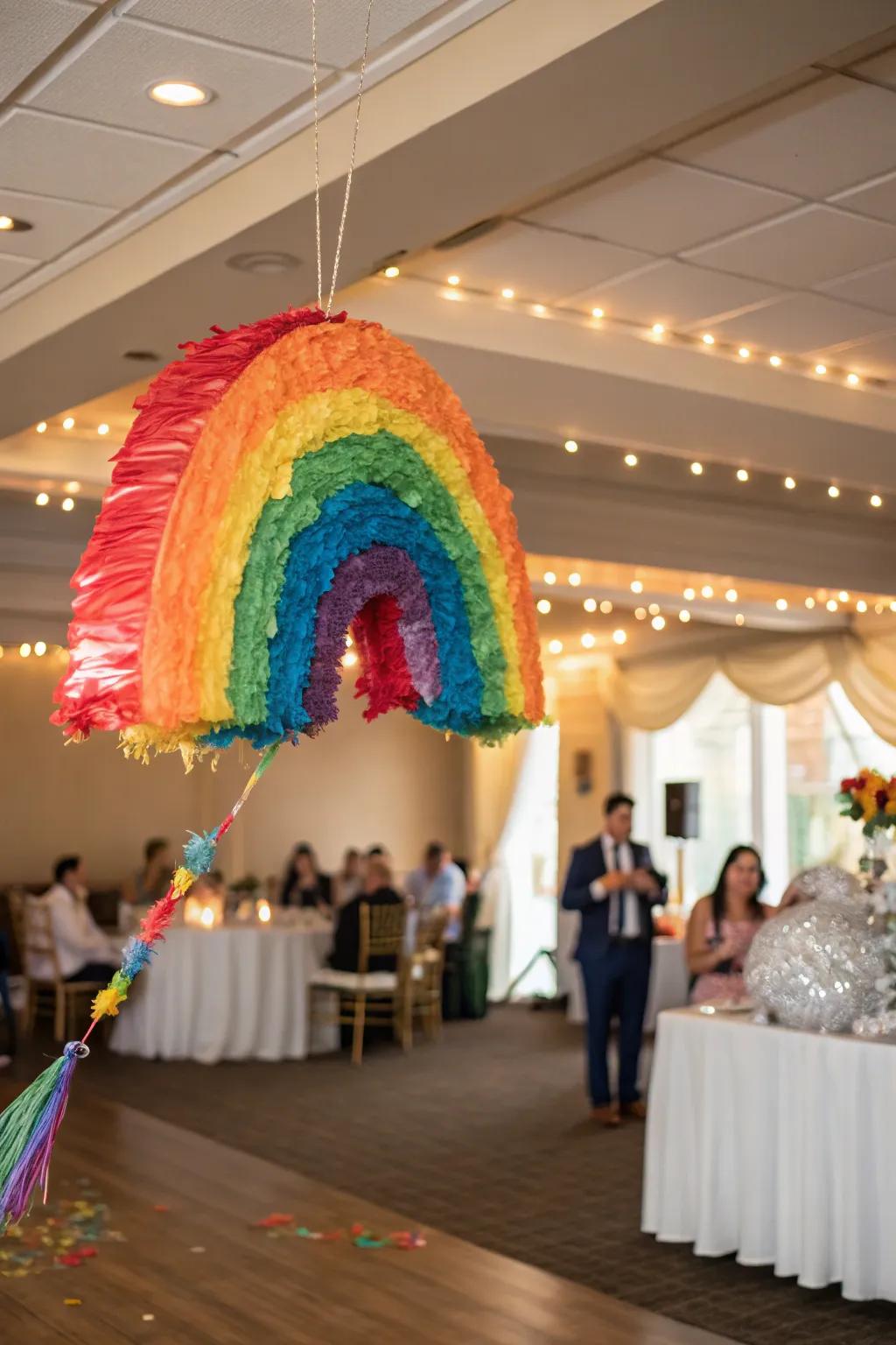 A rainbow piñata adding a playful touch to a wedding reception.