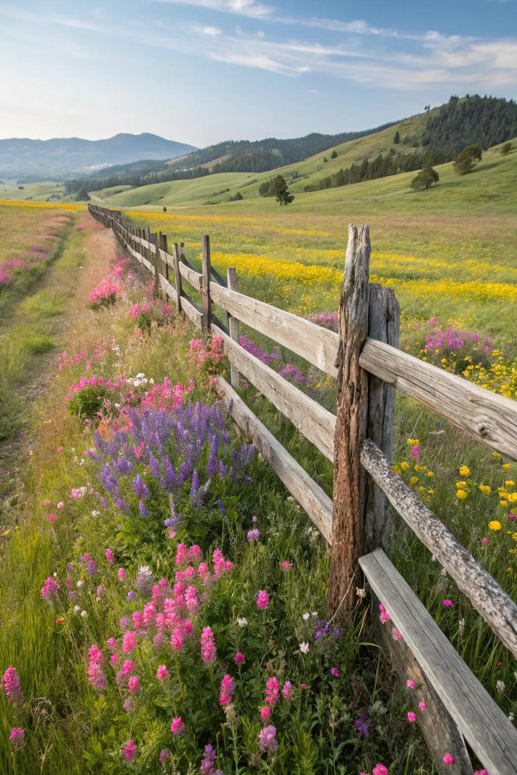 Wildflowers add charm and color to a timber divider.