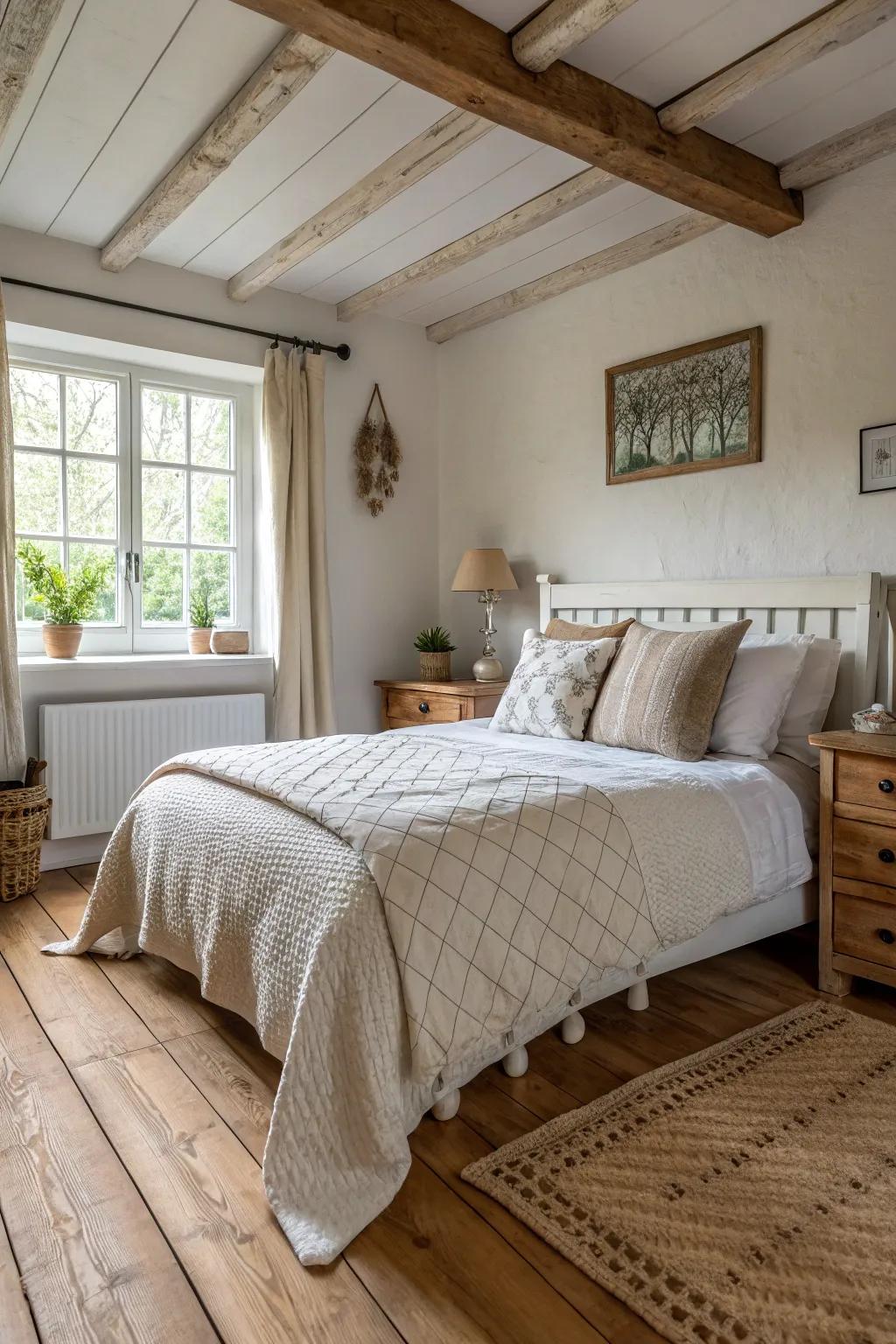 A country bedroom featuring Scandinavian design elements.