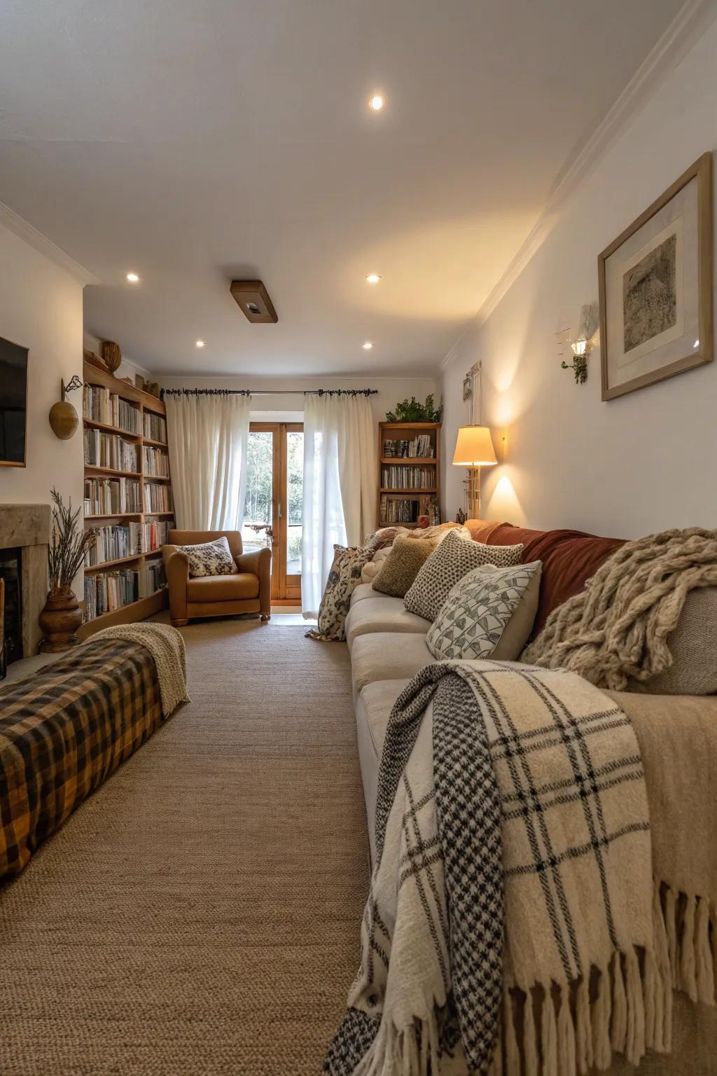 Layered textures add heat and interest to a slim living room.