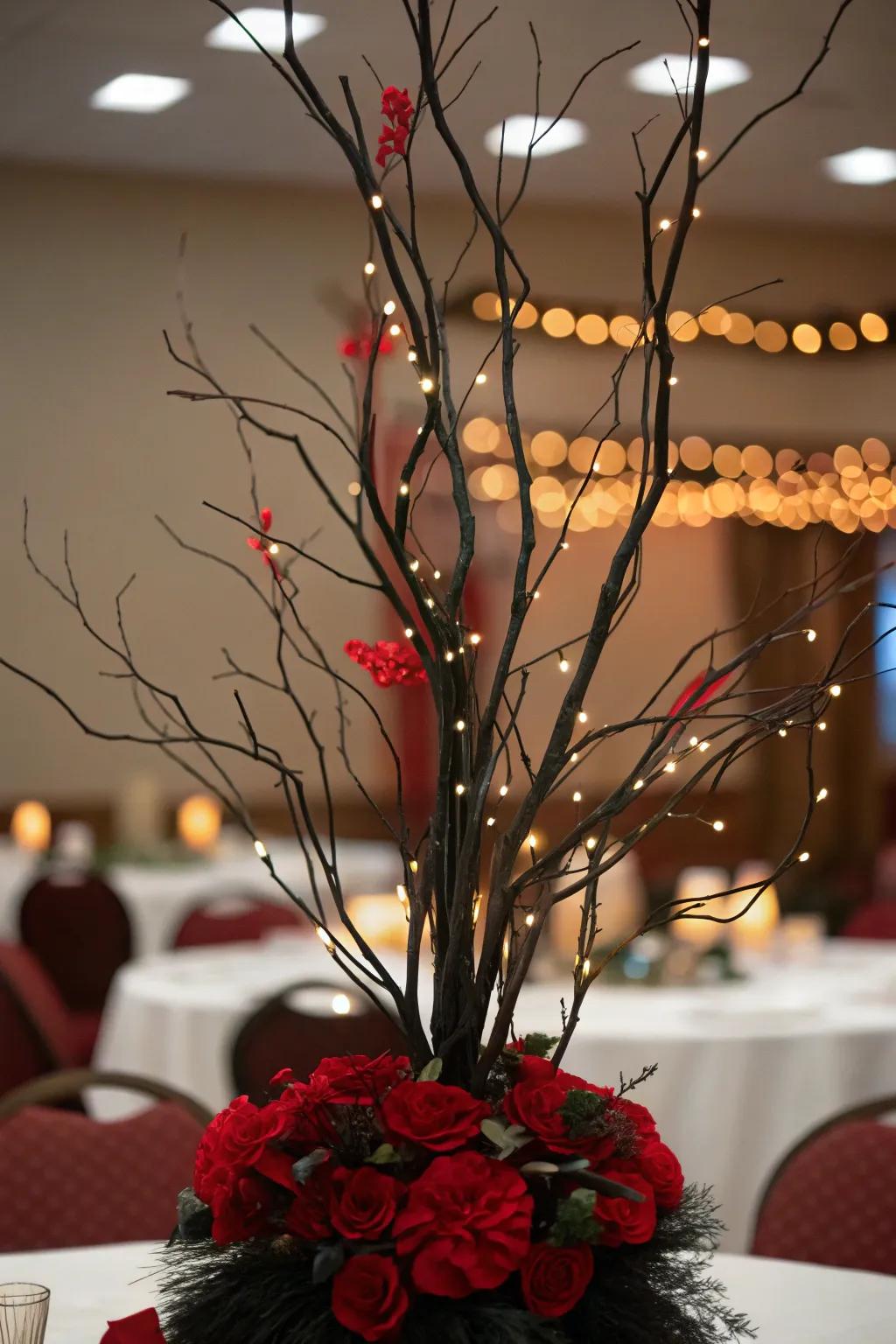 Ebony branches with scarlet highlights and string lights create a magical centerpiece.