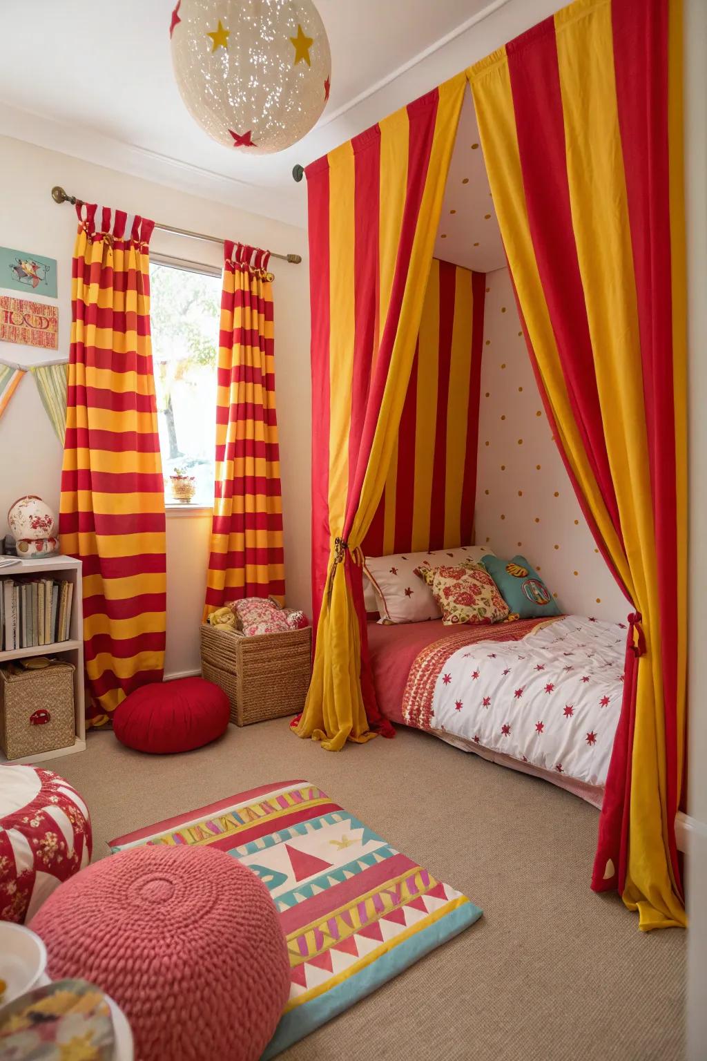 Striped window treatments in crimson and gold bring a playful and vibrant feel to this bedroom.
