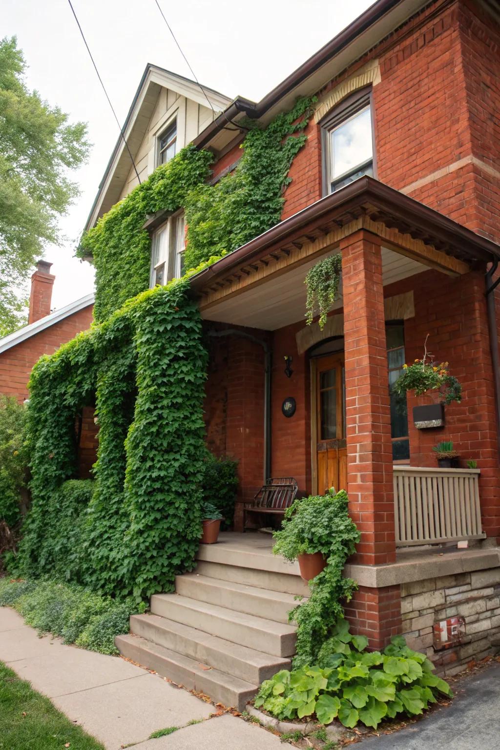 A green wall adds privacy and natural beauty to a red brick porch.