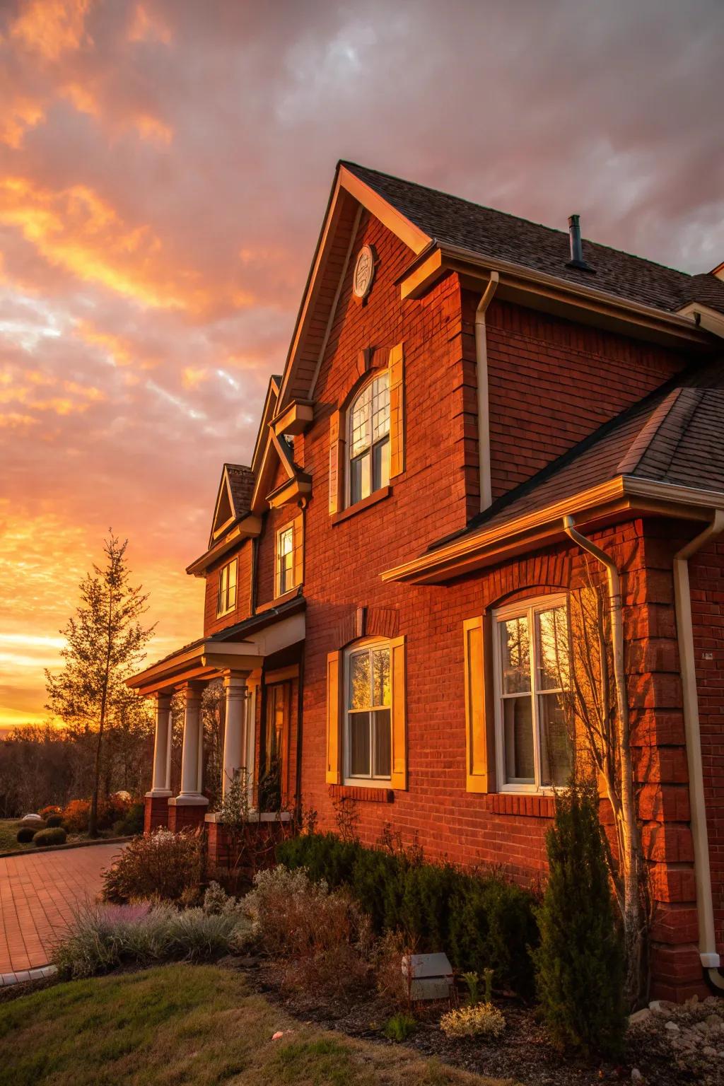 Dusk trim adds a warm and vibrant splash of color to crimson brick homes.