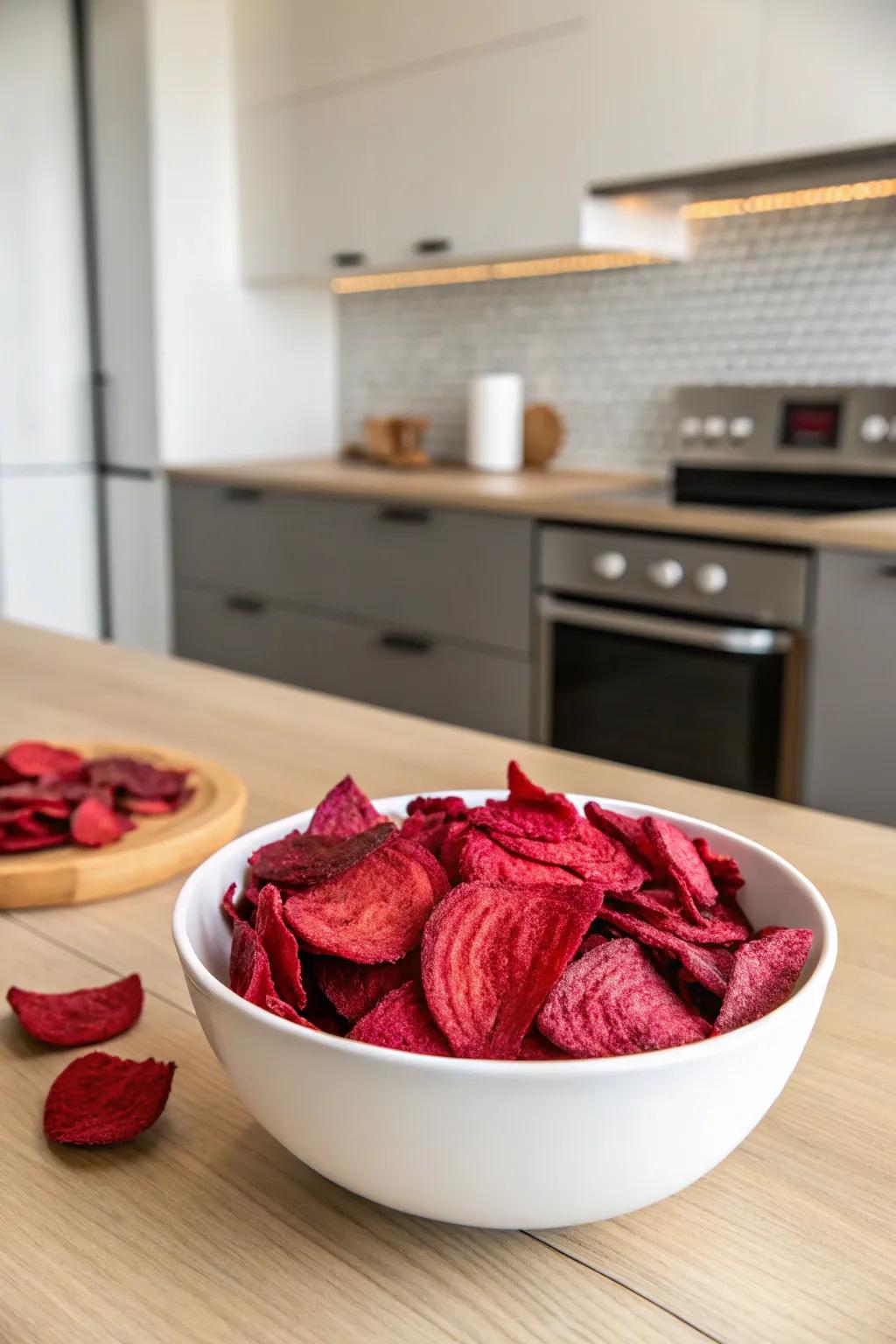 Root chips offer a crunchy and bright snack choice.