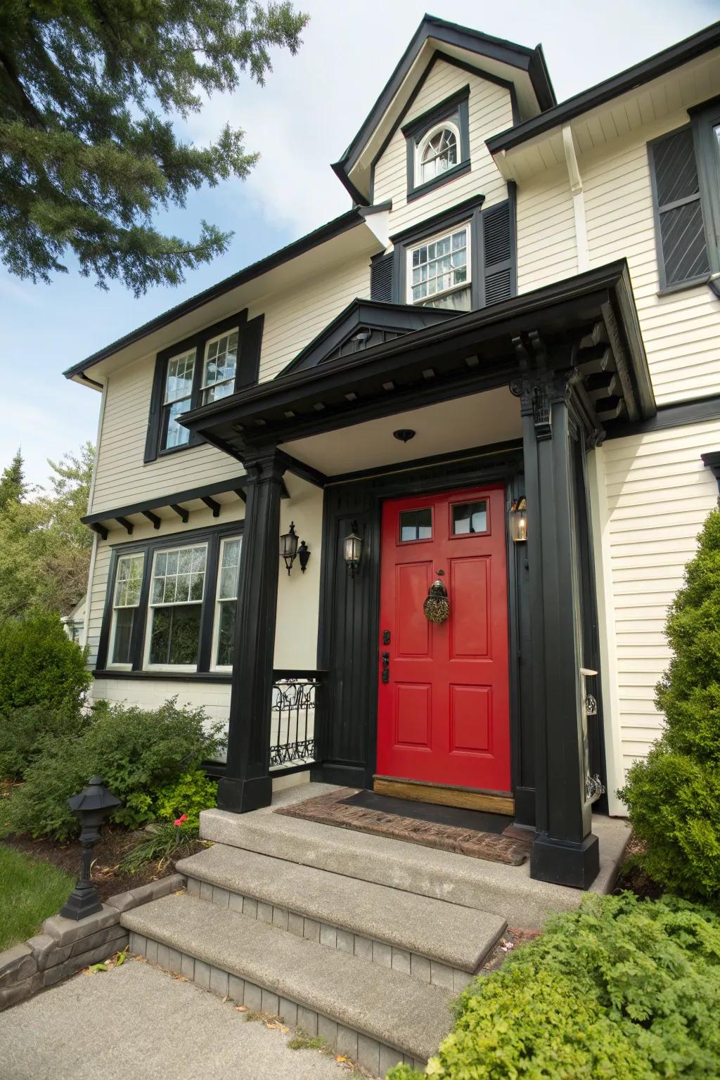 Home with a scarlet door and dark trim, epitomizing timeless elegance.