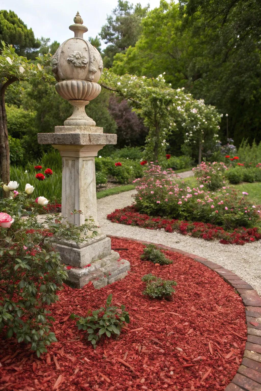 Garnet ground cover highlights garden statues, transforming them into elegant focal points.