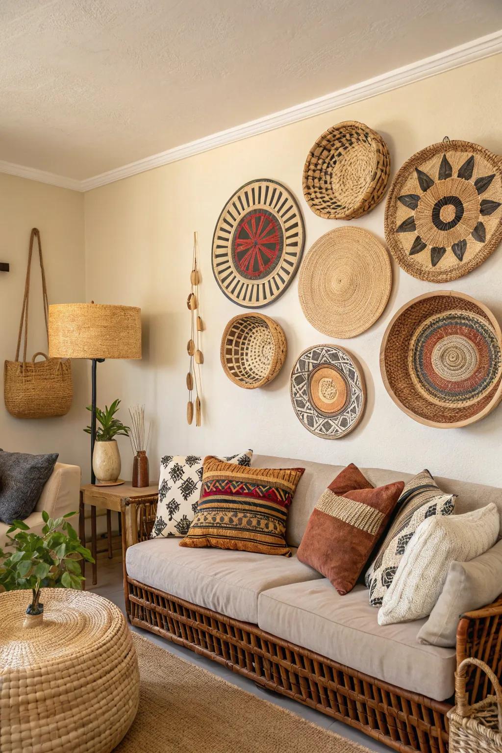 Add texture with baskets as wall decor.