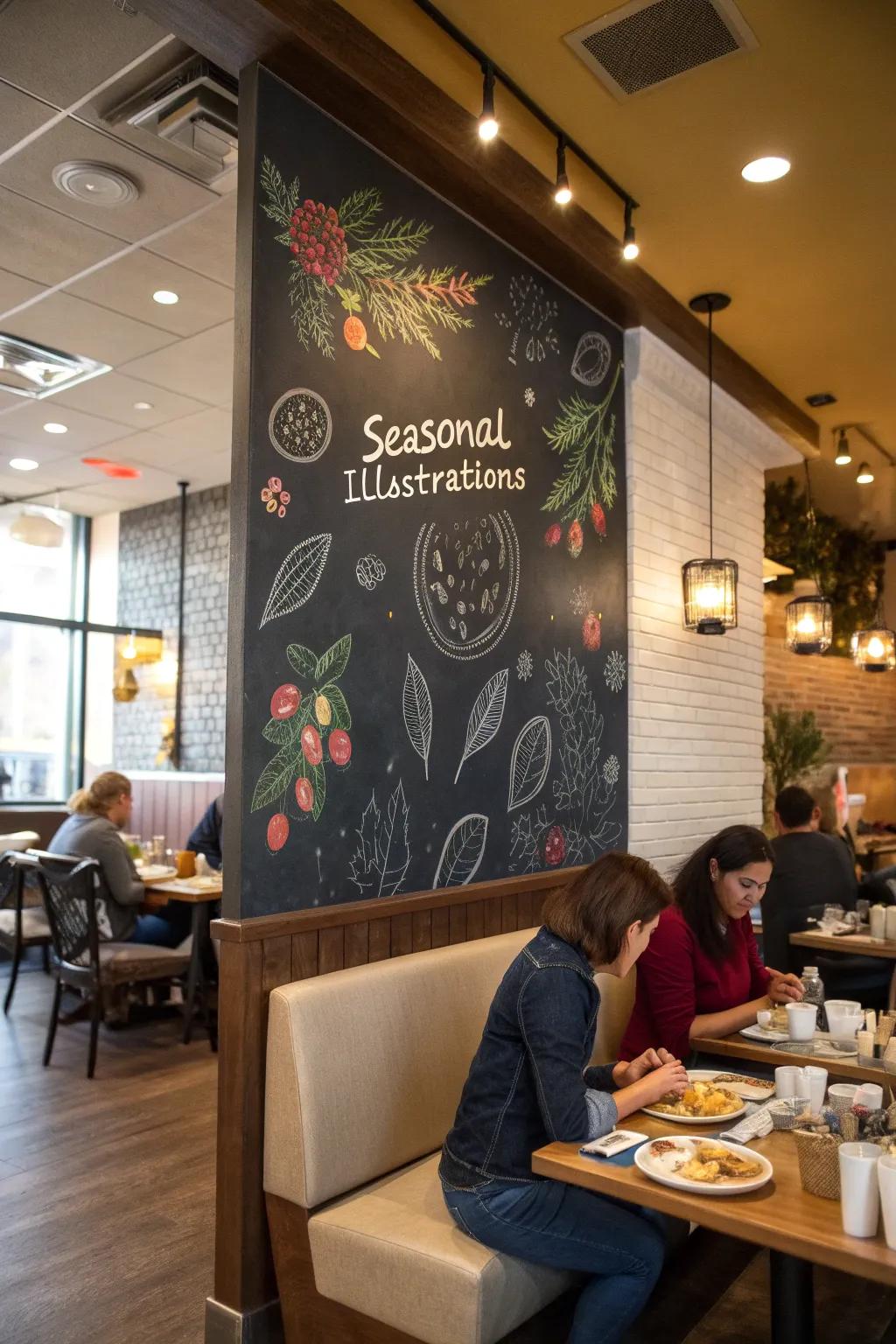 A chalkboard adorned with seasonal pictures, enhancing the restaurant's welcoming atmosphere.
