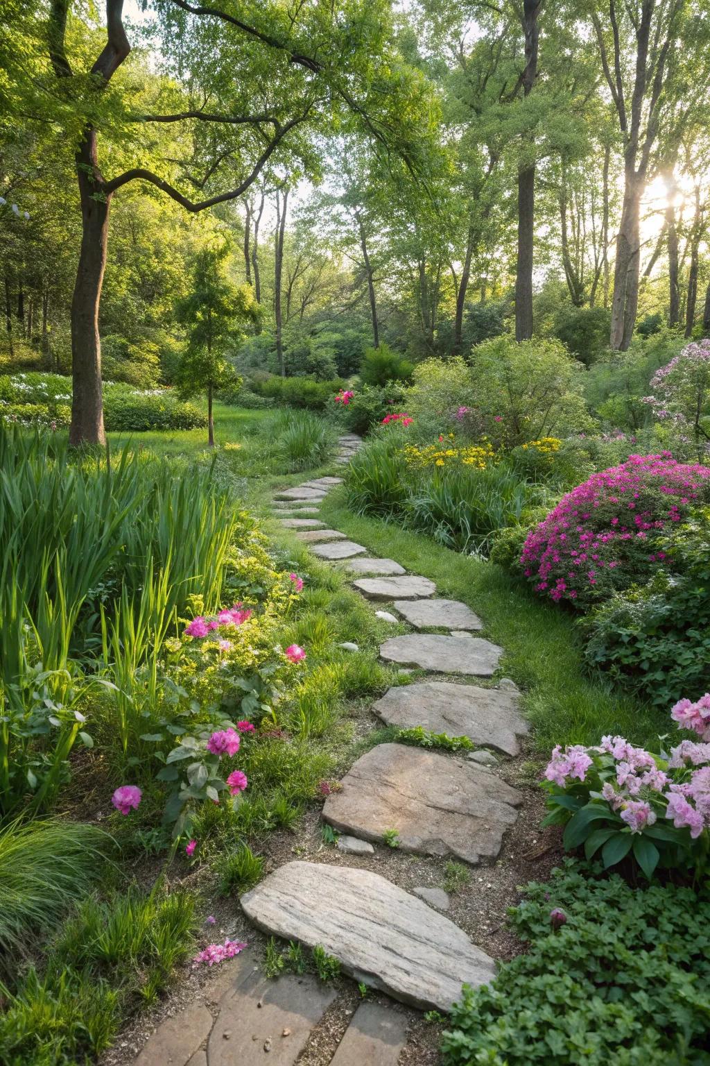 Smooth stone walkway tiles create a charming and functional garden path.