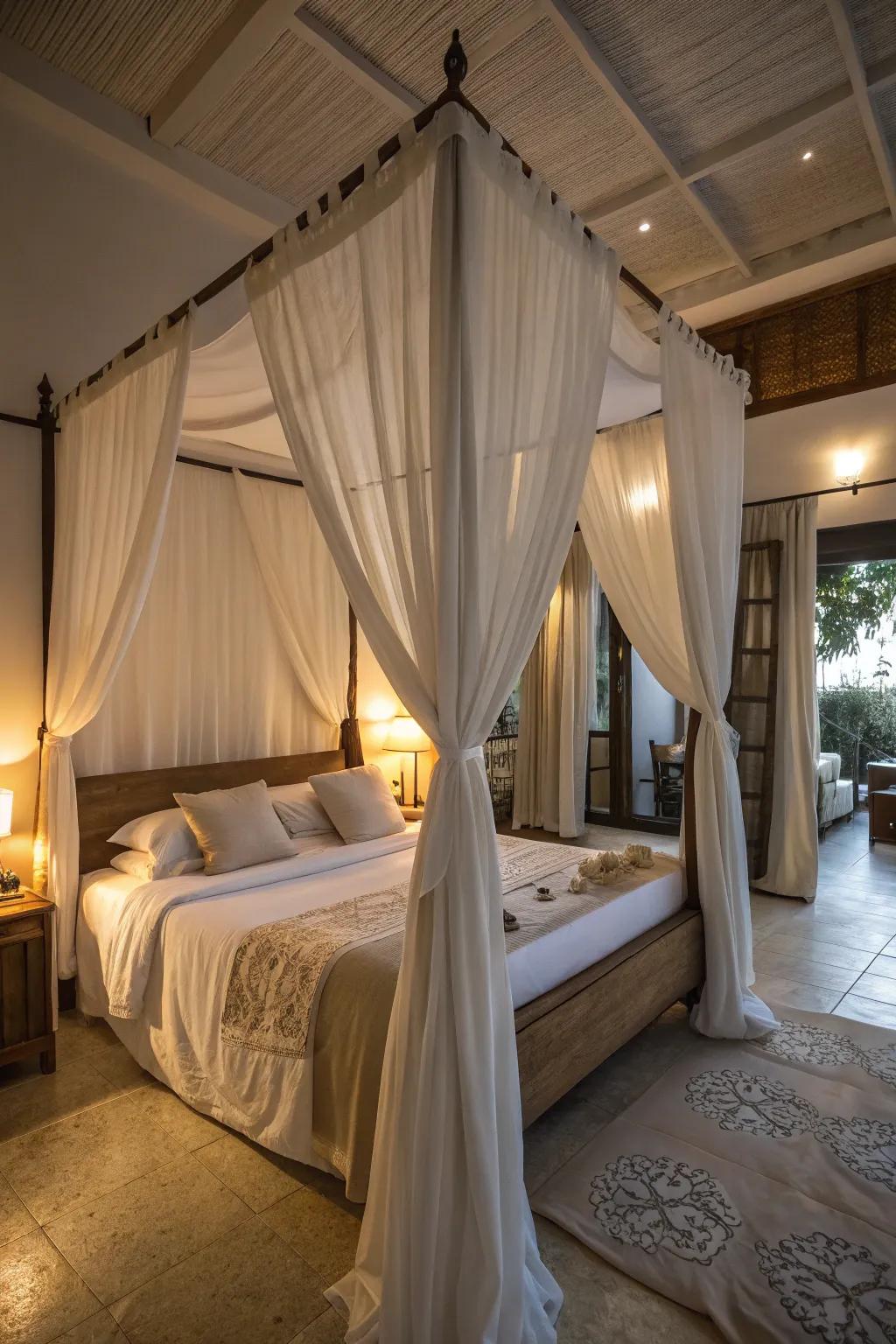 Cascading fabrics create a dramatic, ethereal canopy effect.