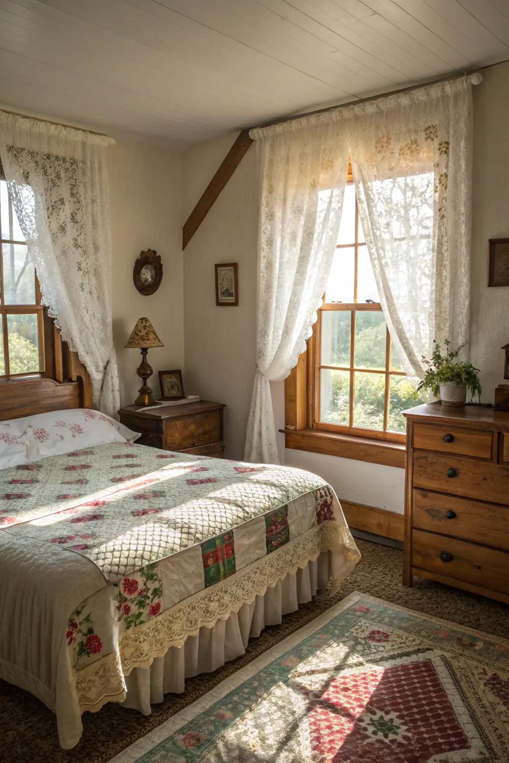 Lace drapes add vintage charm.