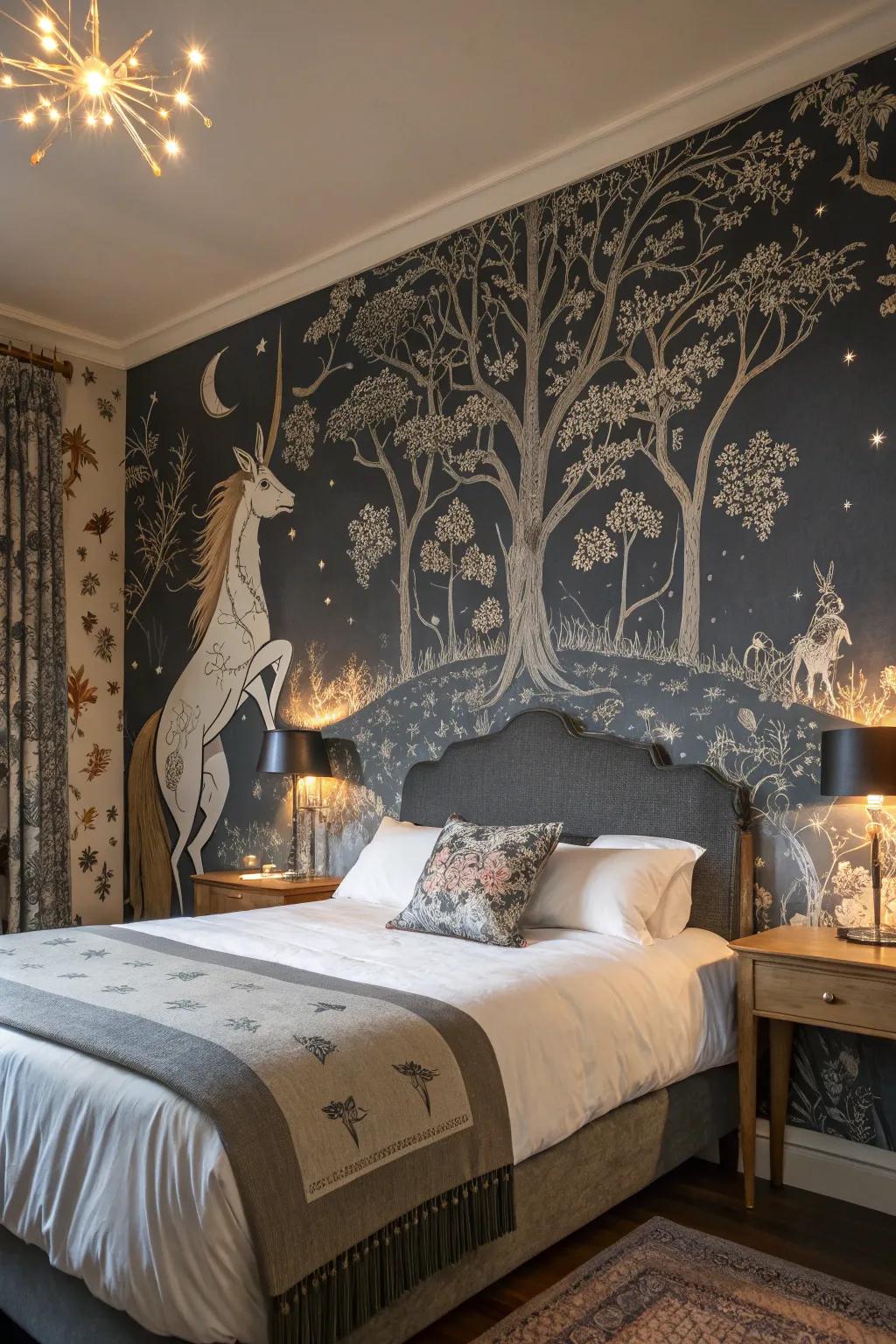 Unusual wall coverings add a fairy-tale charm to the Victorian Gothic decor.