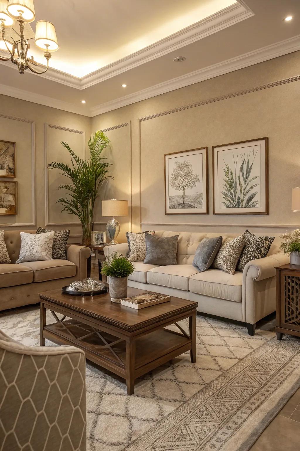 An elegant living room with greige colors and modern sophistication.