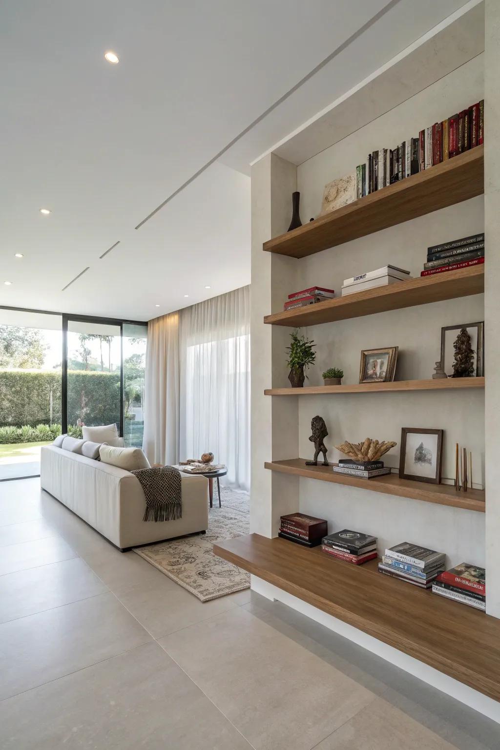 A modern room featuring a partial wall equipped with floating shelves, contributing a minimalist element.