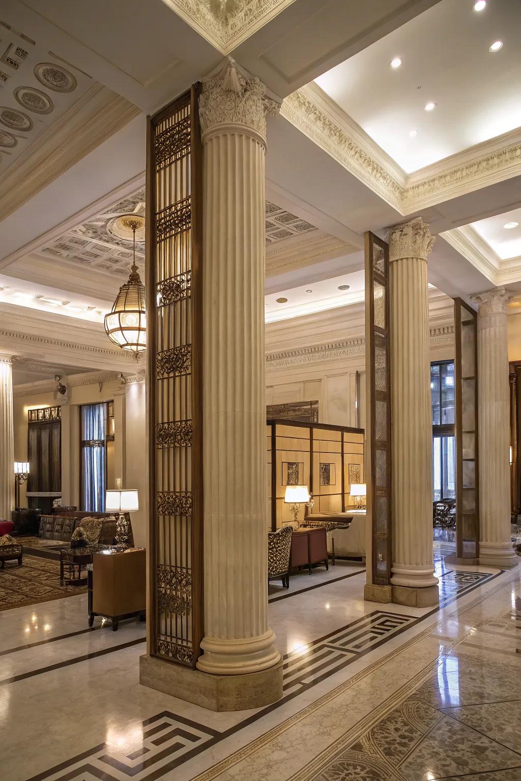 Columned dividers add architectural elegance and manage traffic flow effortlessly.