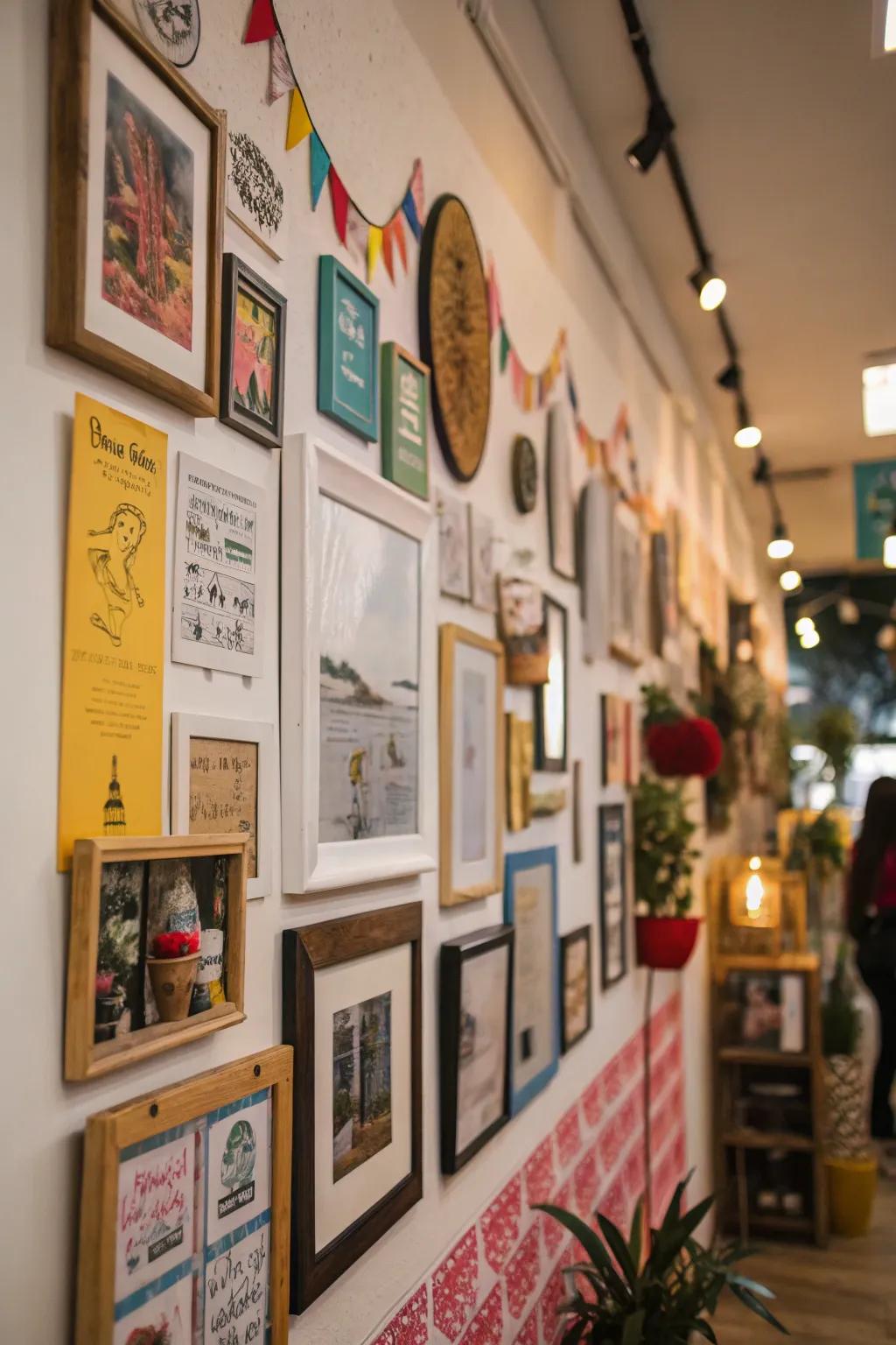A varied gallery wall displays diverse interests.