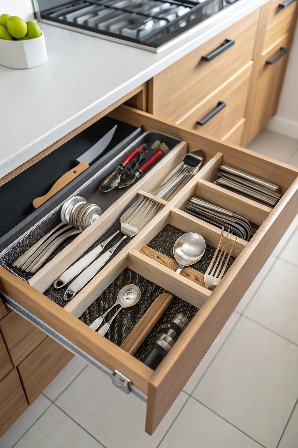 Drawer dividers offer organized sections for easy access.