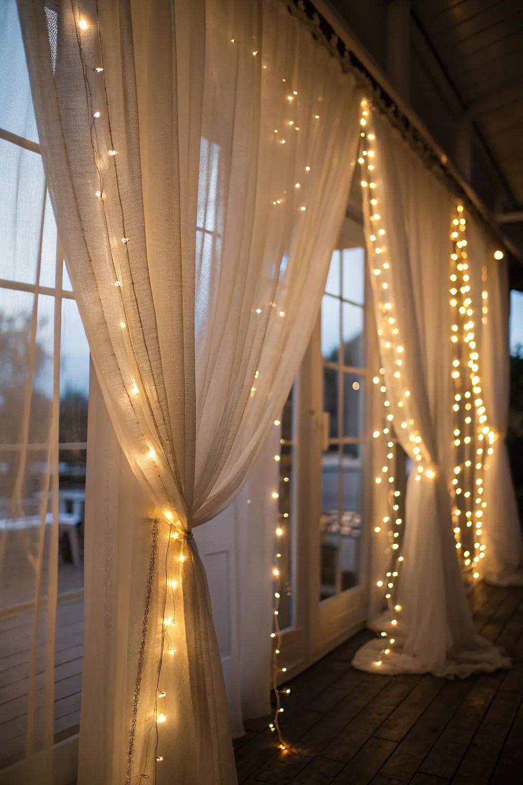 Create a soft, romantic glow with light strands and sheer curtains.