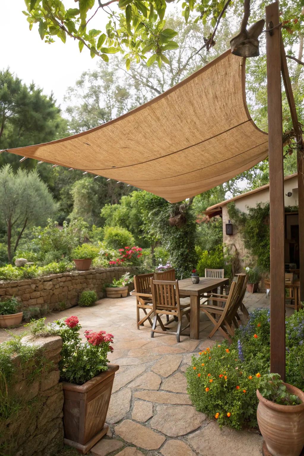Sail shades provide a cozy, rustic accent.