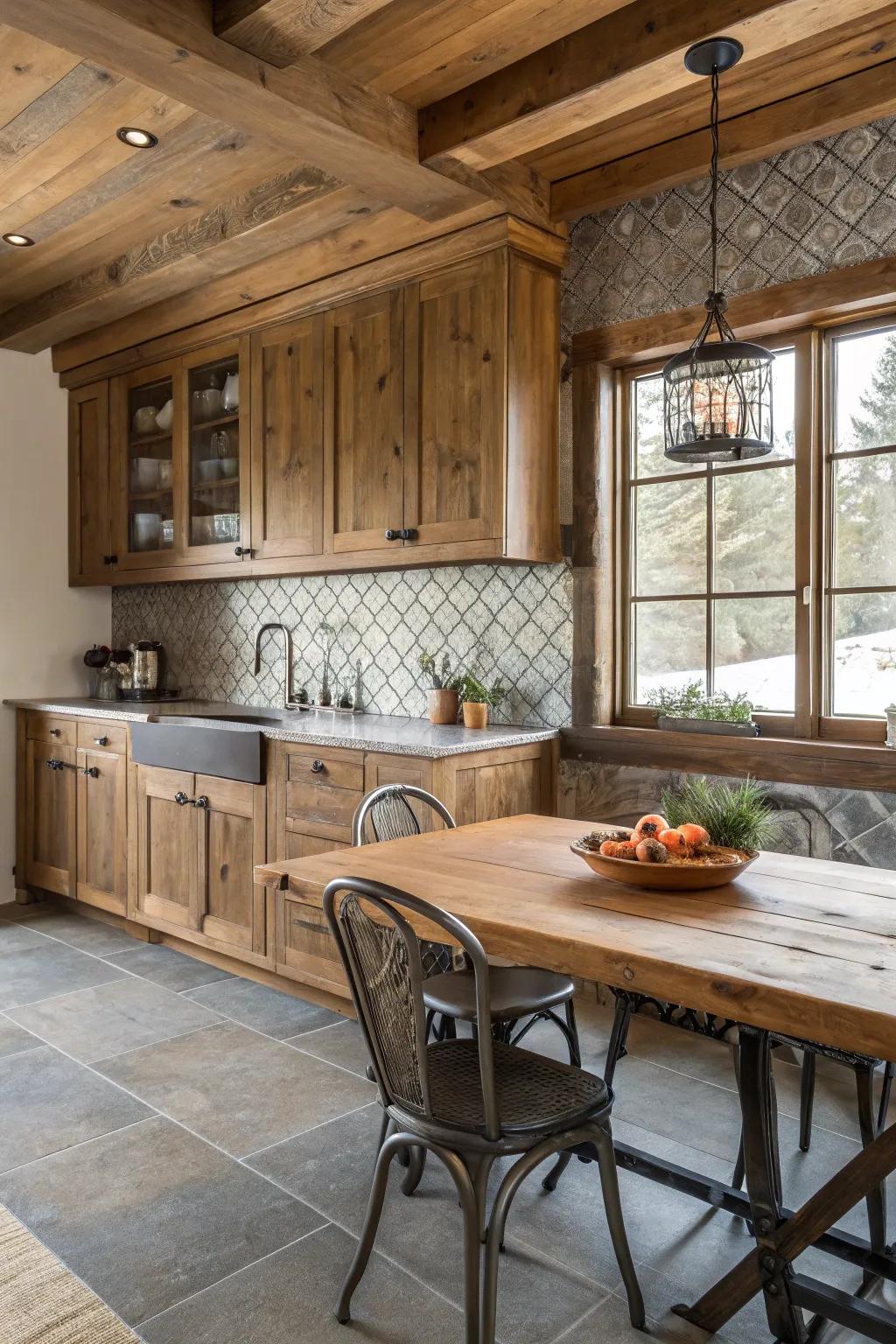 Wood and metal develop a distinct texture and depth in the backsplash.