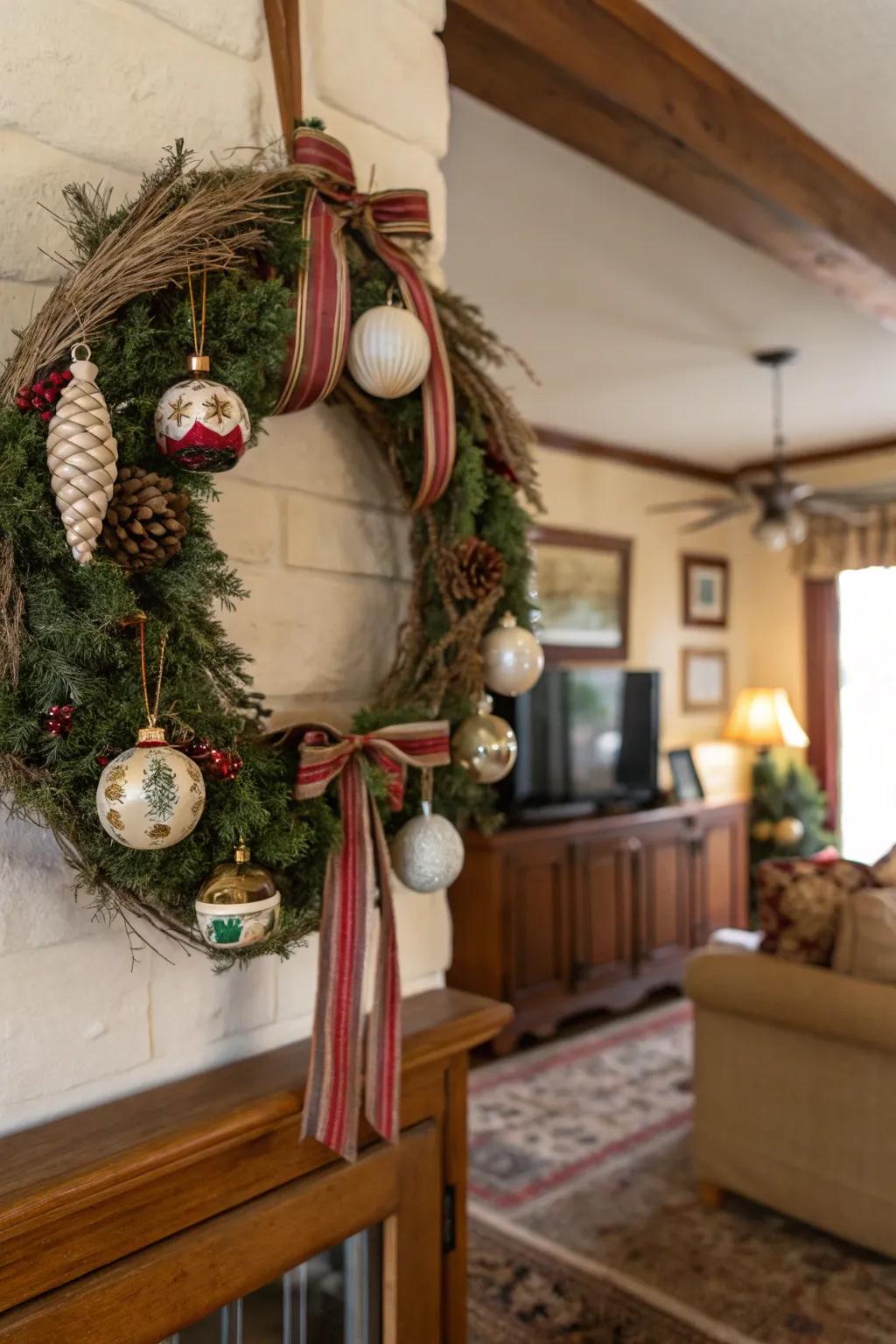 Vintage ornaments add classic charm to the wreath.