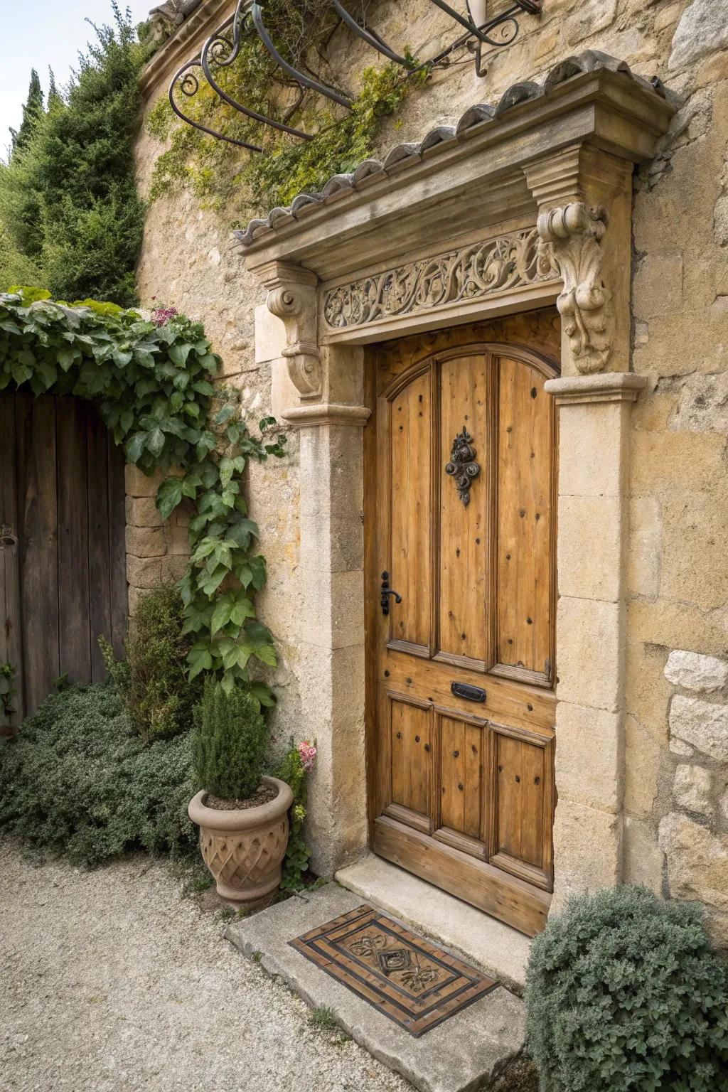 Dentil ledges enhance rustic doors' architectural appeal.