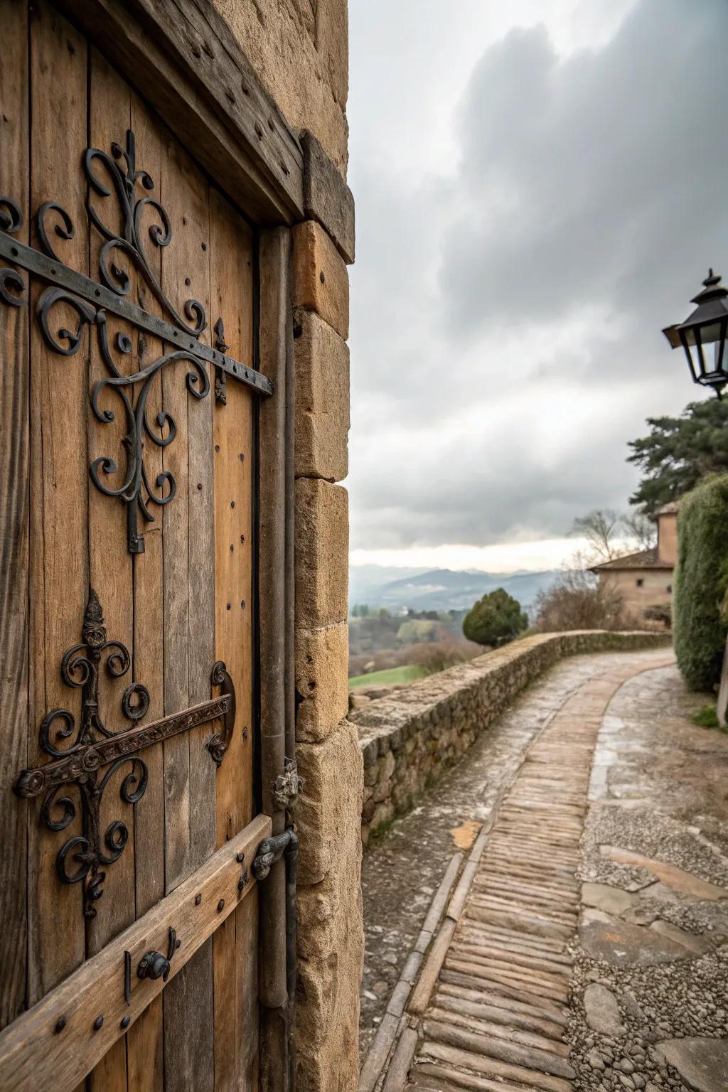 Rustic hardware adorns a door frame, adding authenticity and style.