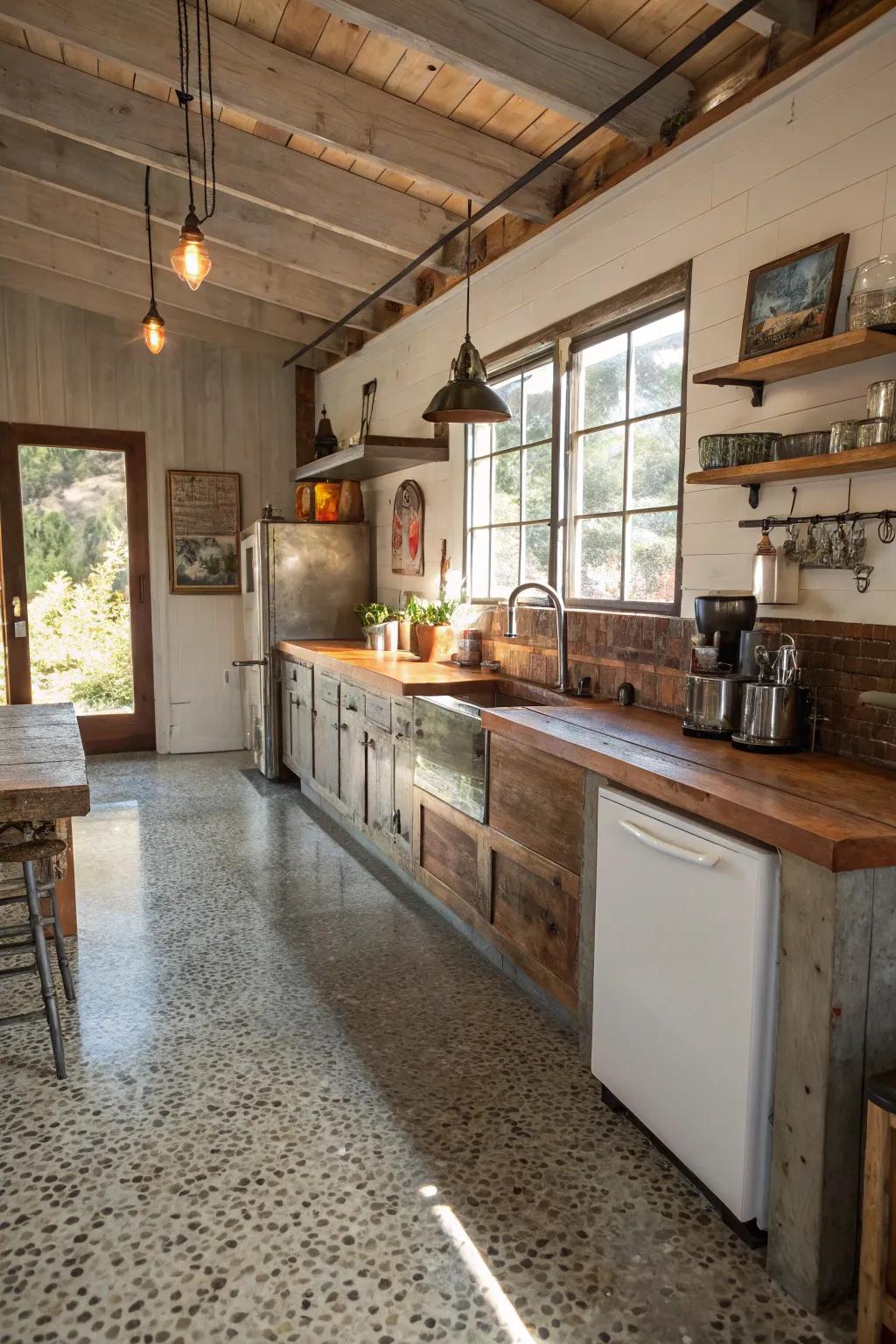 Revealed rock solid surface combines industrial and rustic styles.