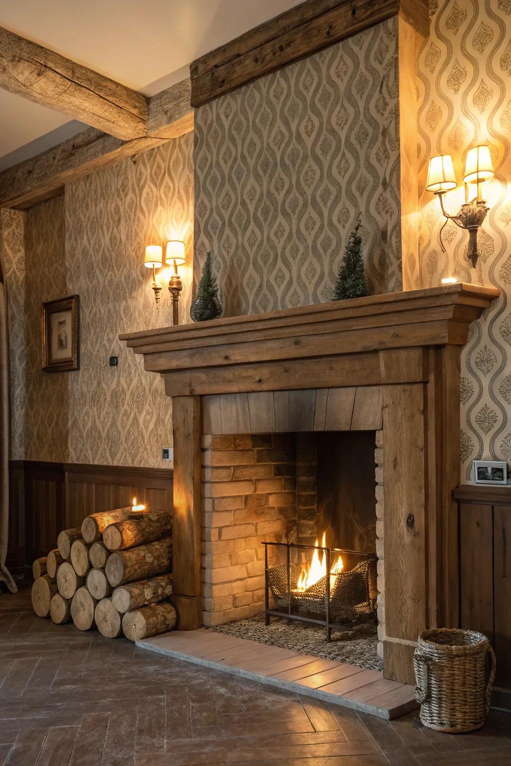 Textured wallpaper contributes depth and intrigue to this rustic fireplace.