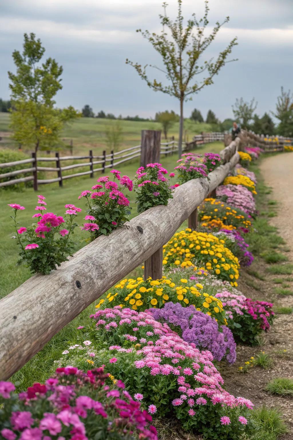 A raised log fence adds a whimsical element to a colorful garden landscape.