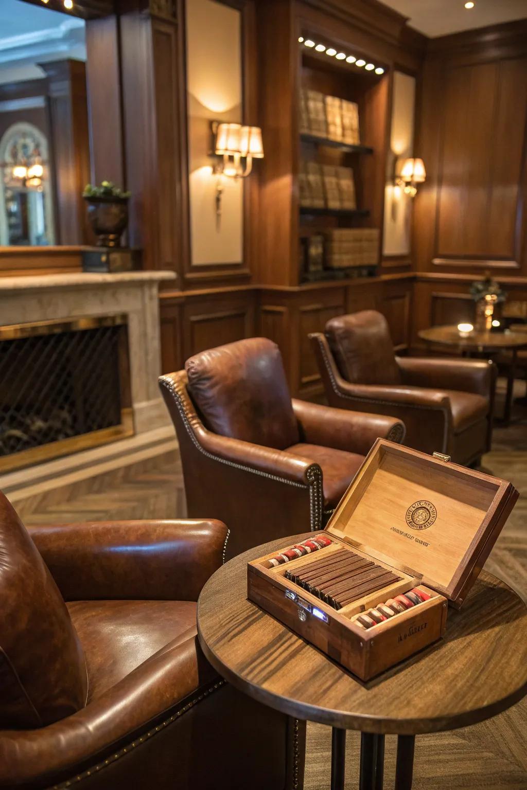 A cigar lounge corner introduces a sophisticated detail to the retreat.