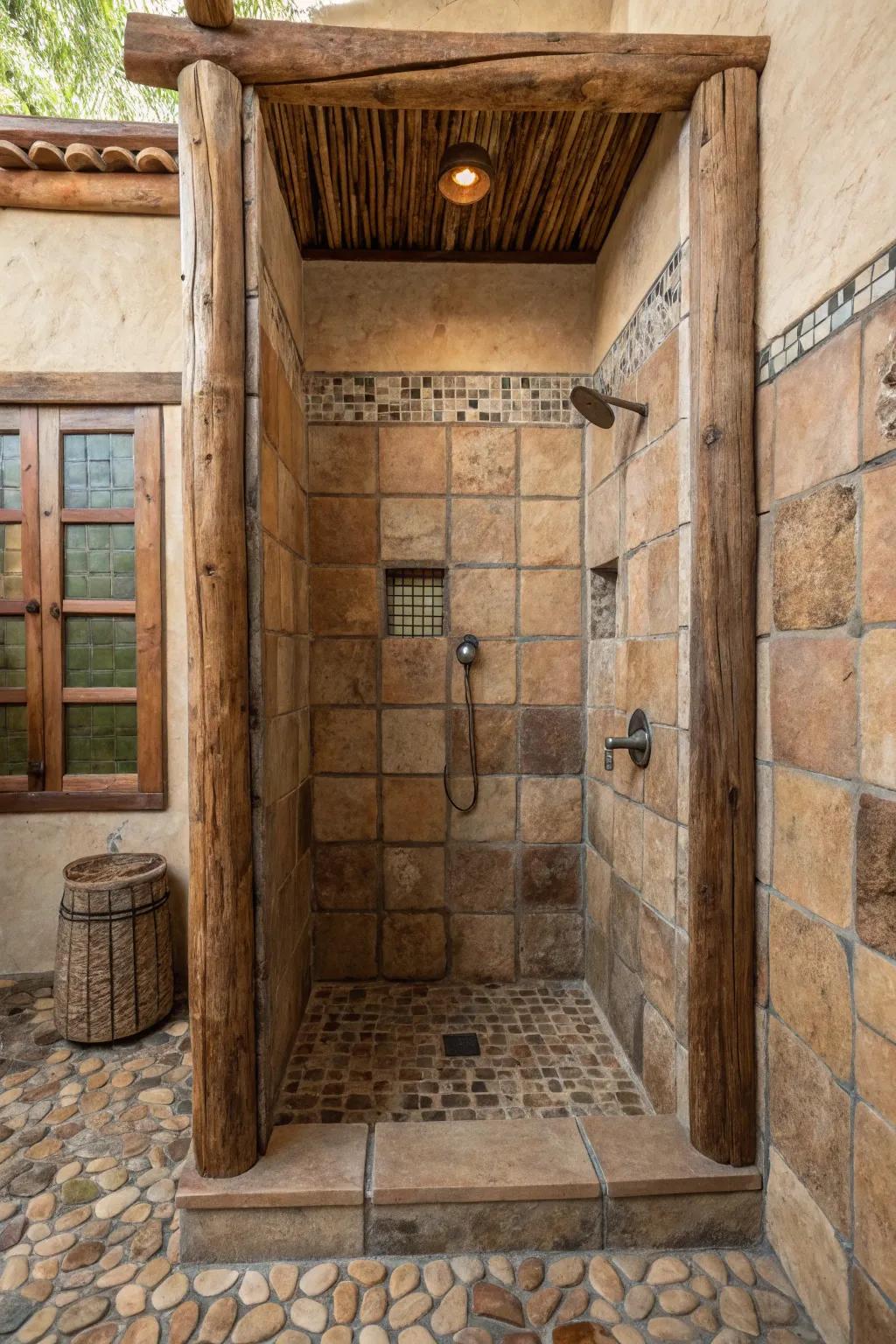 A shower displaying handcrafted tiling that enriches the country theme with an artisanal element.