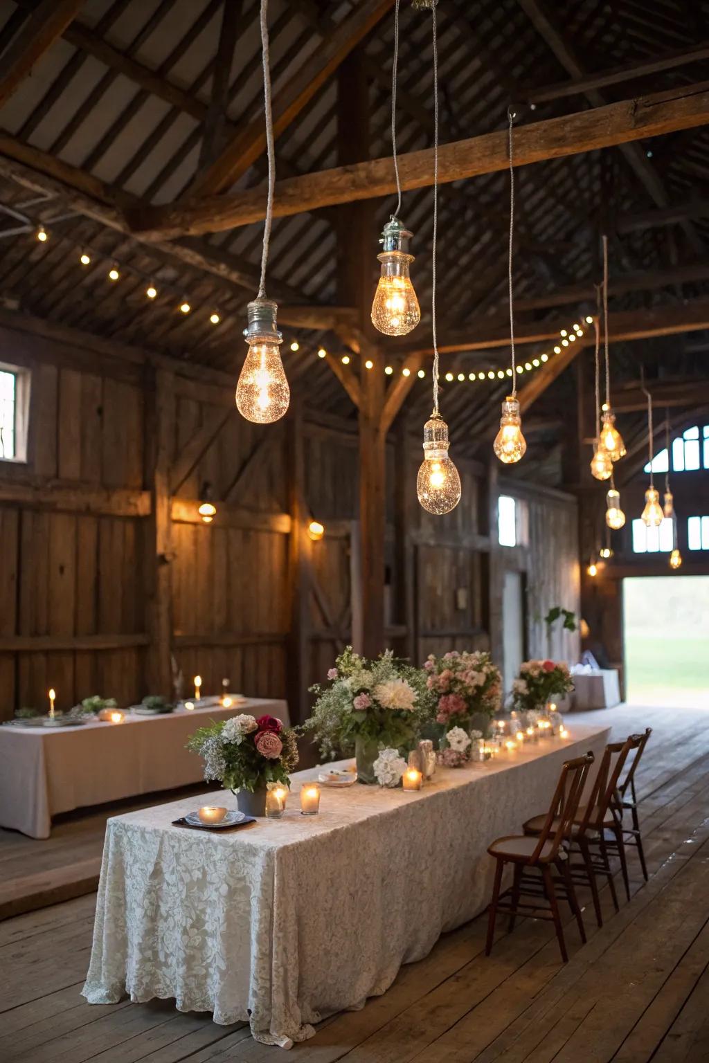 Light bulbs casting a warm and stylish glow over the main table.