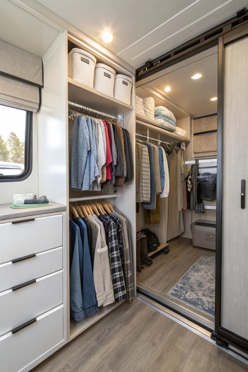 Rotating rods bring ease and accessibility to RV closet storage.