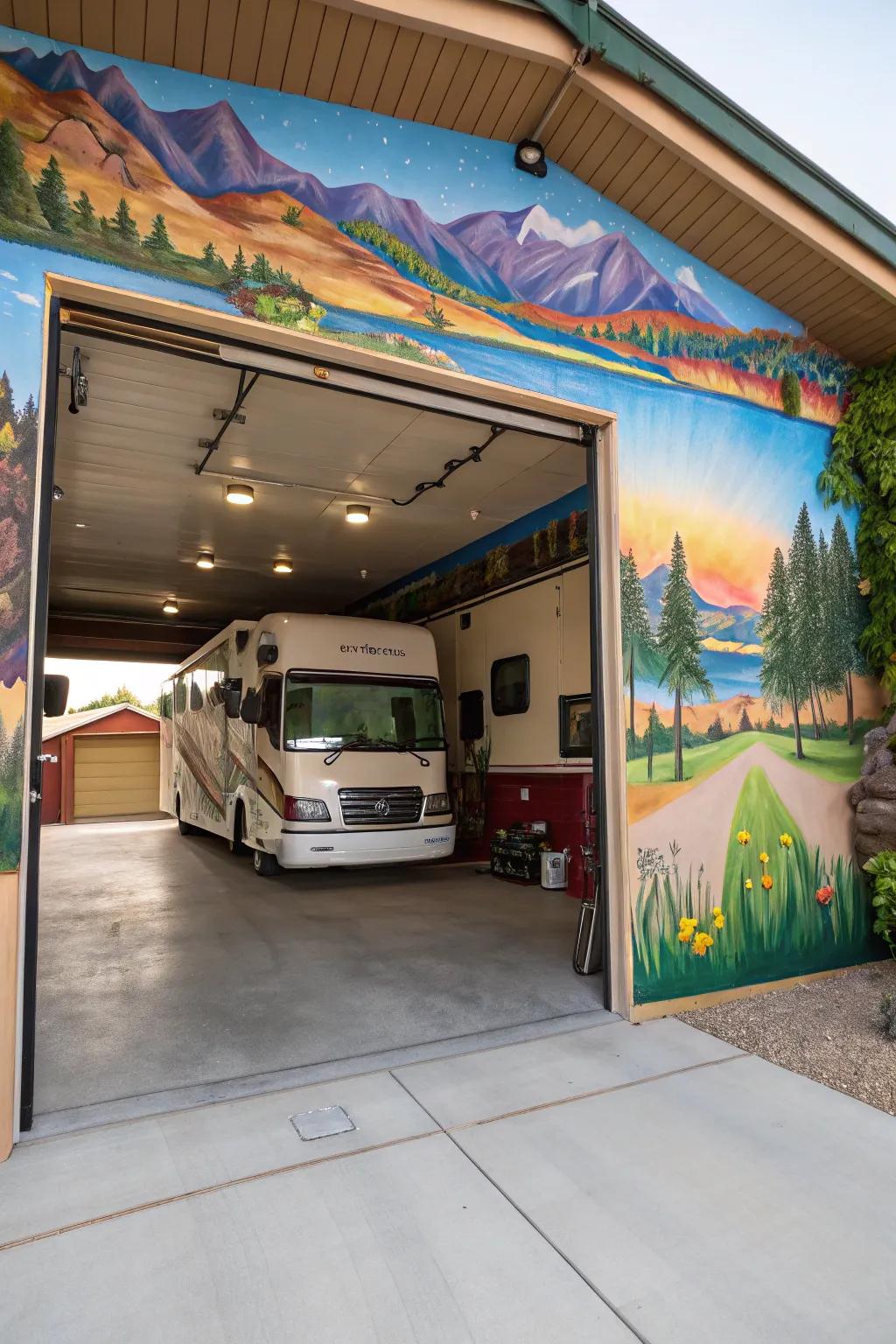 Artwork and murals add a personal touch to an RV garage.