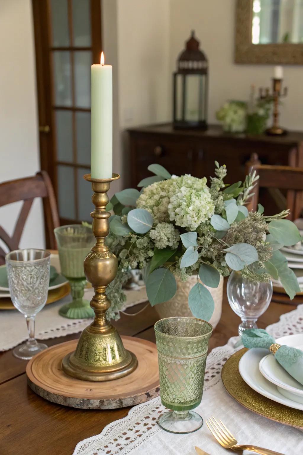 Brass bits enhance the retro vibe of your soft green centerpiece.