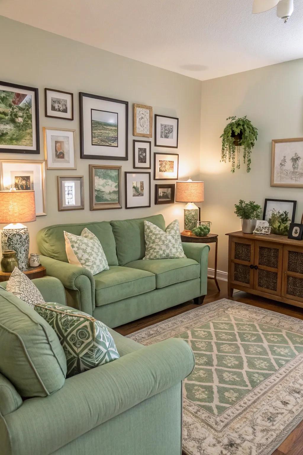 A photo display personalizes and enlivens a sage green living room.