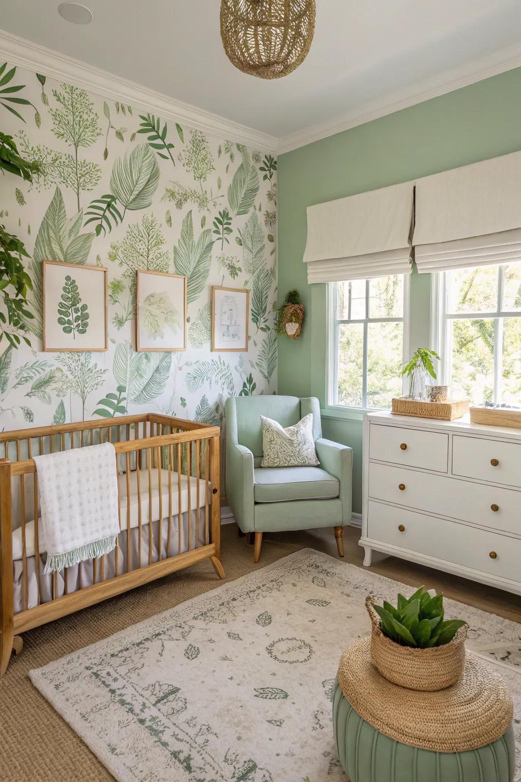 Plant prints reinforce the natural aesthetic of a sage green nursery.