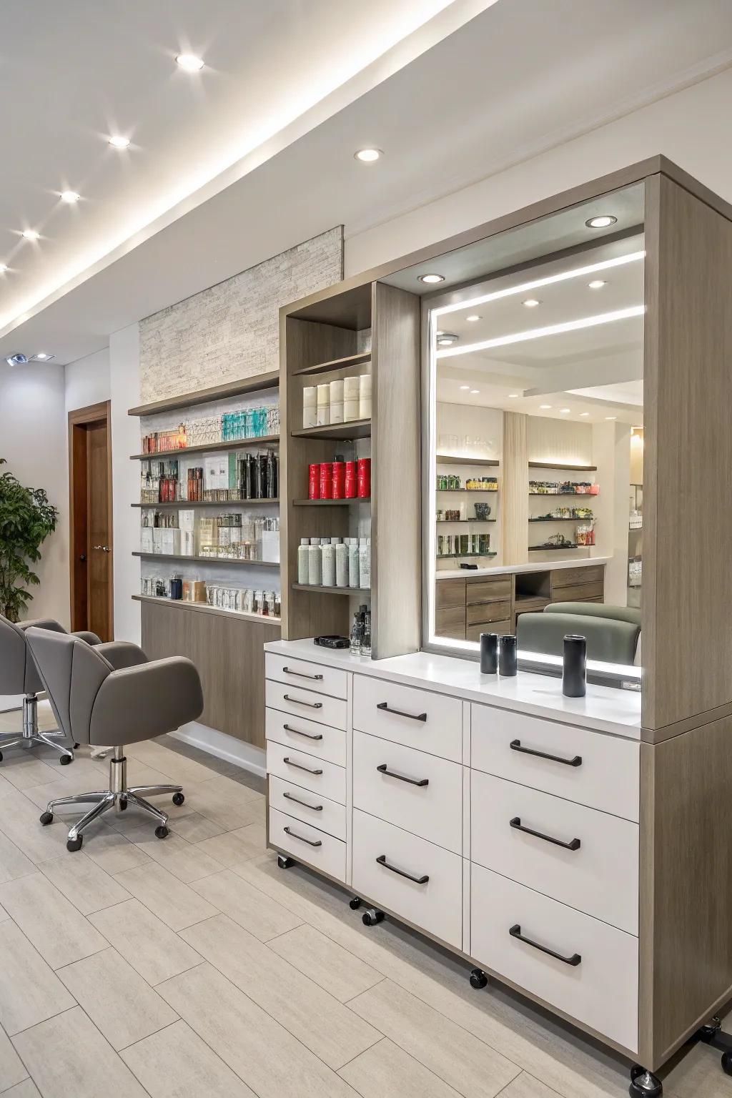 Creative storage improving tidiness and efficiency.