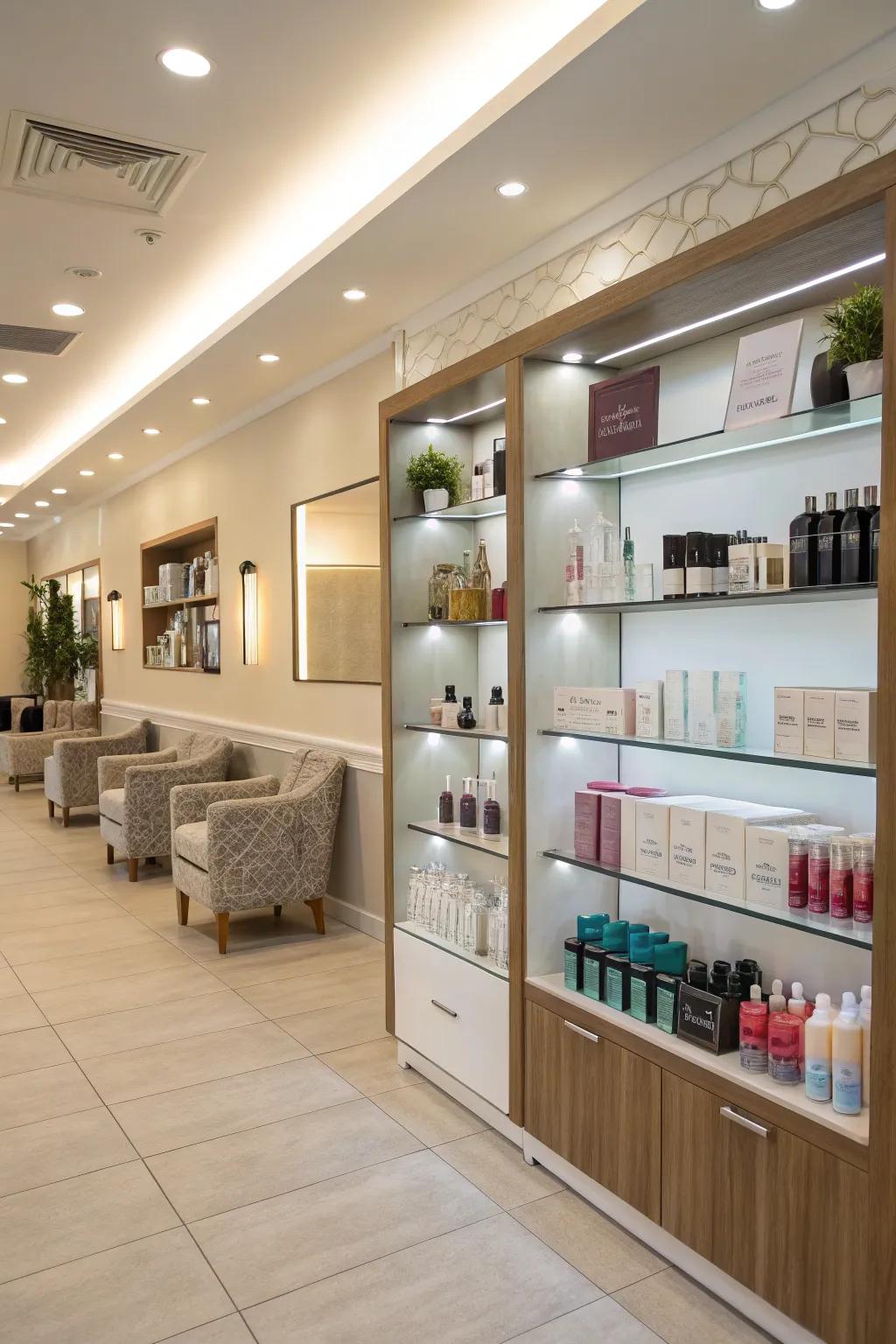 A salon entry featuring a neat and appealing product display.